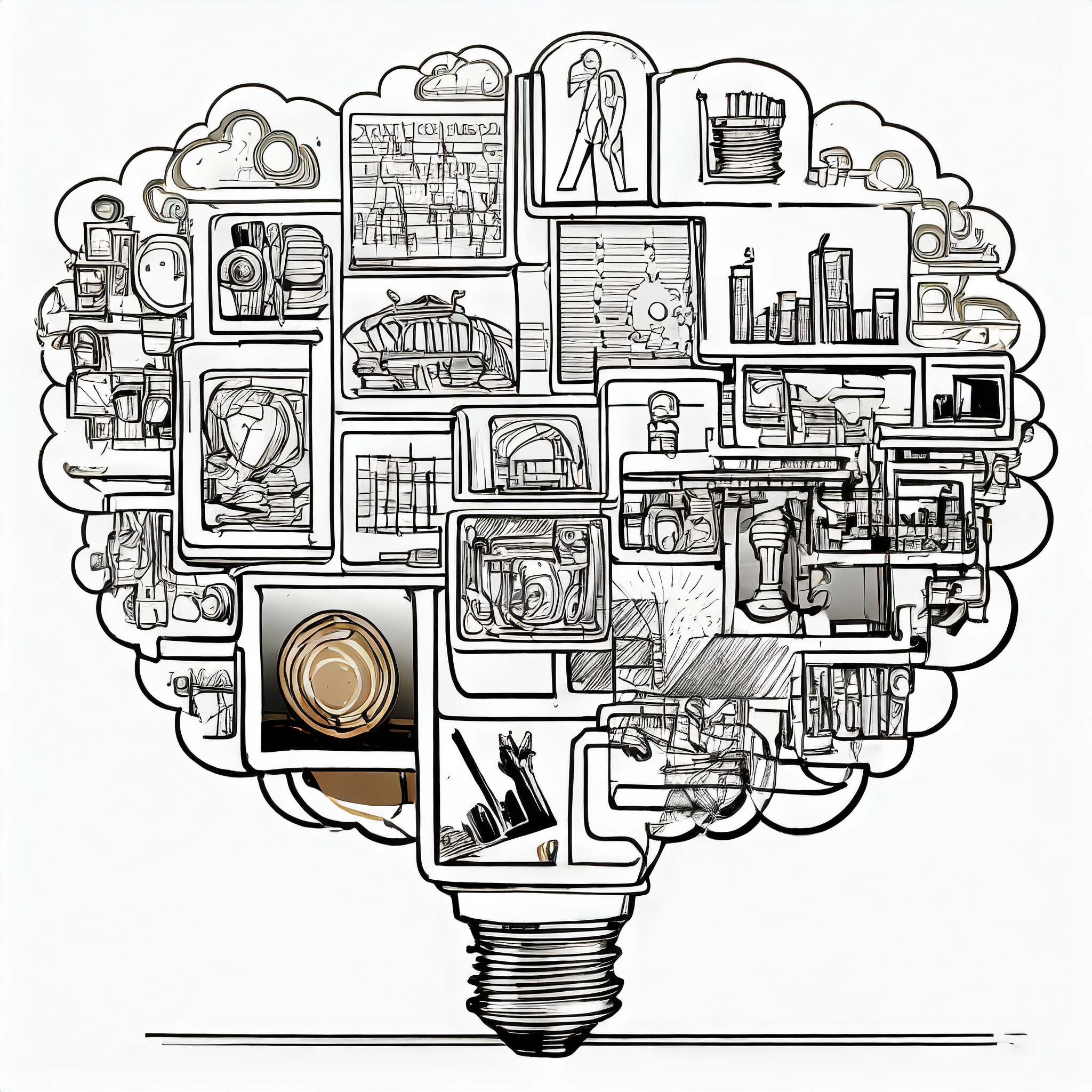 An idea bubble formed as a lightbulb with random images layered