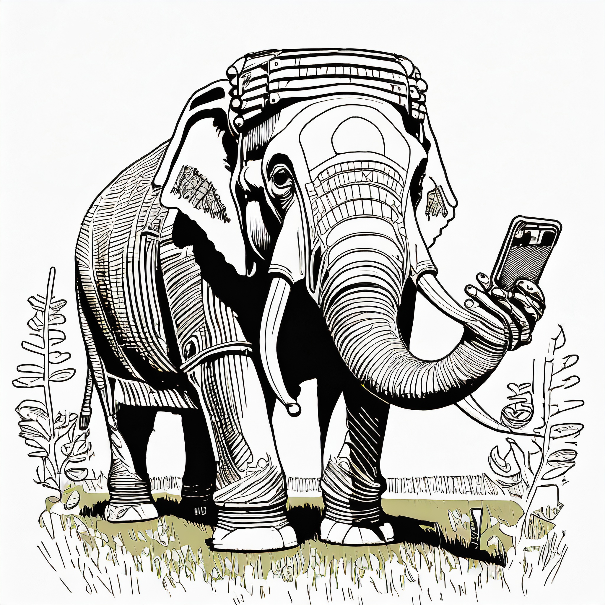 A techno elephant holding a mobile phone in its trunk