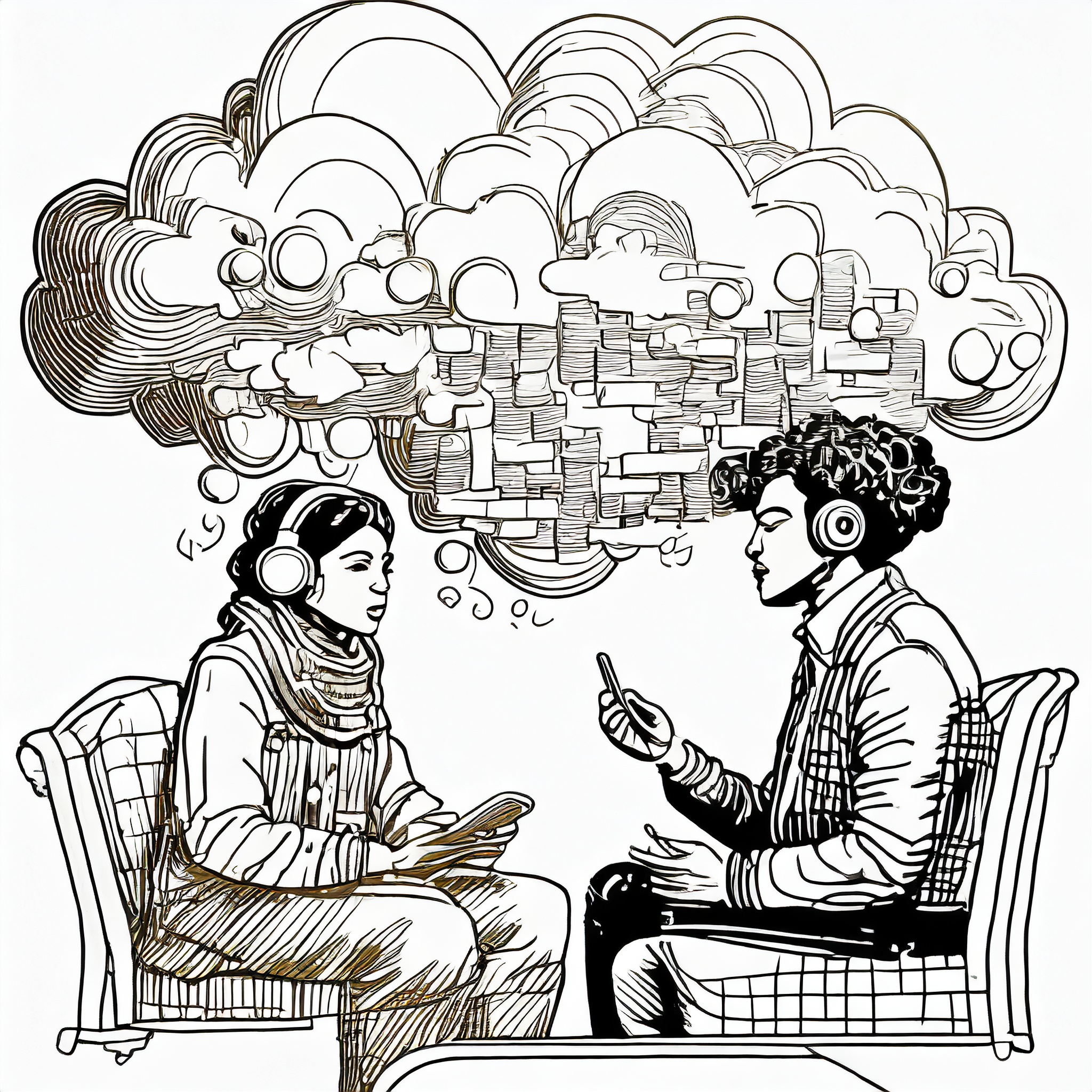 Two people facing each other on chairs with an idea cloud above thei heads. Separate but together.