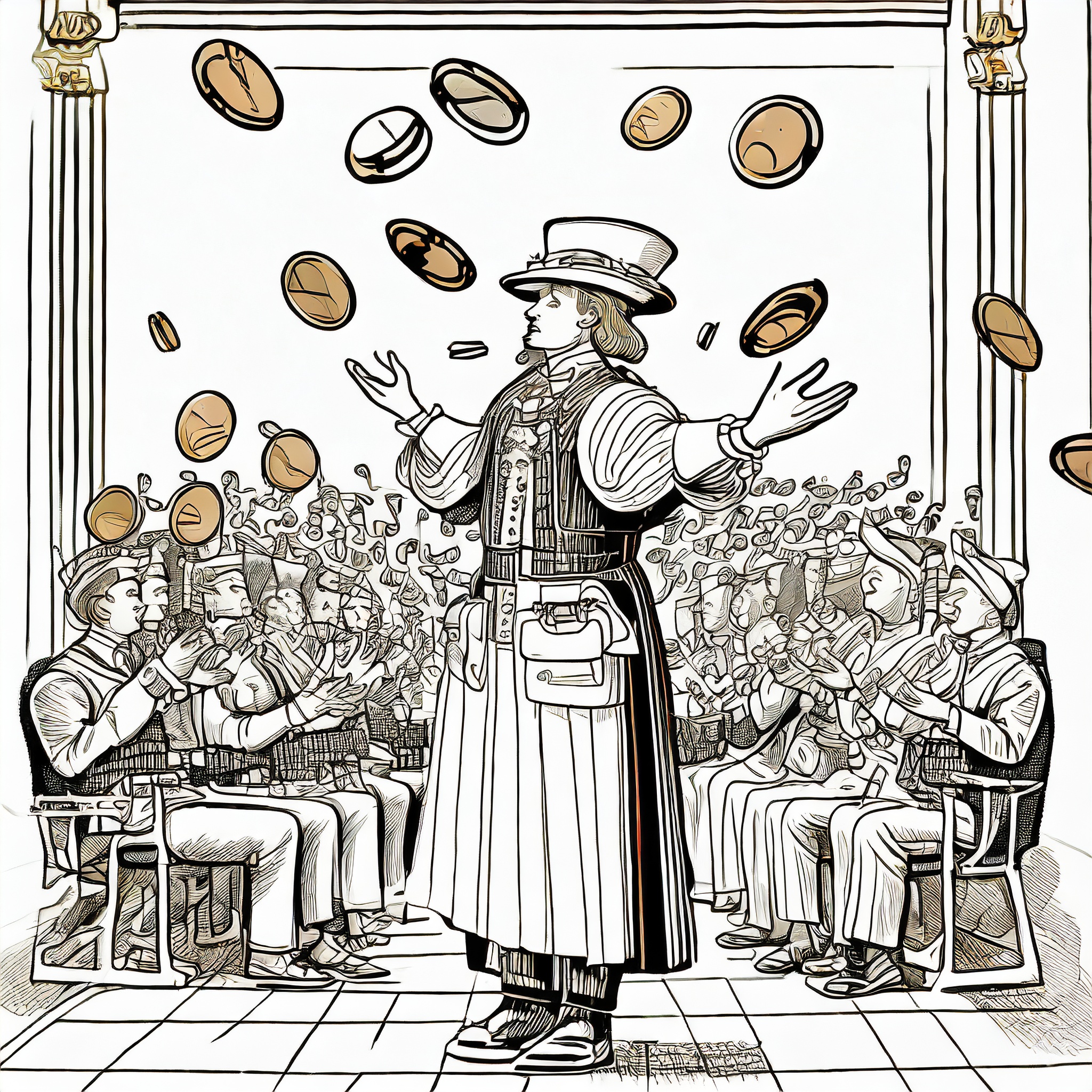 A man being applauded and showered with large coins (but no notes)